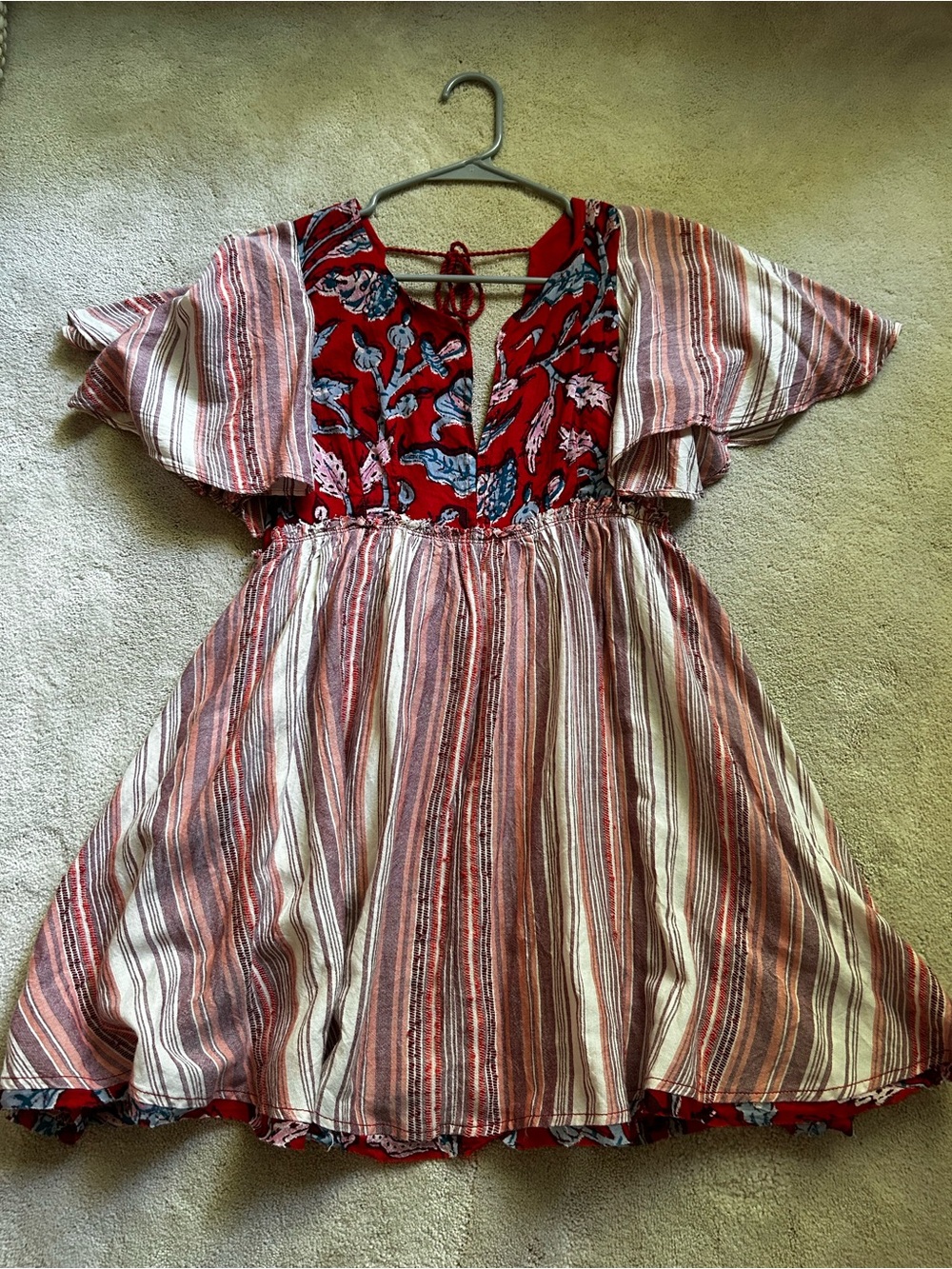 Free People Red Floral & Striped Flutter Sleeve Tunic Top XS